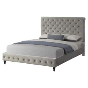 Gray Clover Velvet King Platform Bed with Nail Head Trim