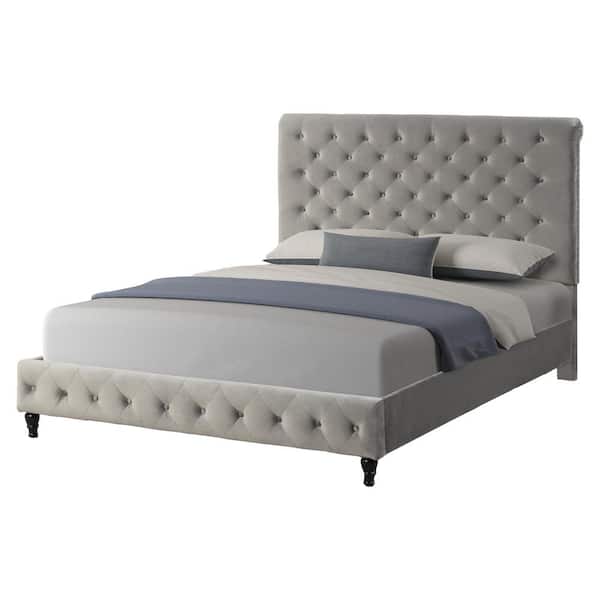 Best Master Furniture Gray Clover Velvet Queen Platform Bed with Nail Head Trim