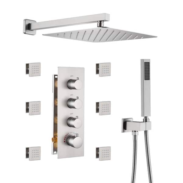 Luxury 3-Spray 12 in. 2.5 GPM Wall Mount Dual Shower Head and Handheld Shower Head with 6 Body Jets in Brushed Nickel