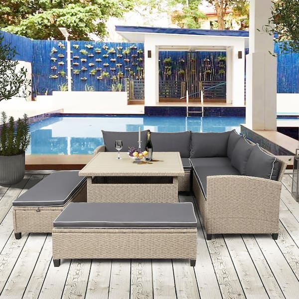 Afoxsos Light Brown 6-Piece PE Wicker Rattan Outdoor Conversation Set Sectional Sofa with Table, Benches and Gray Cushions