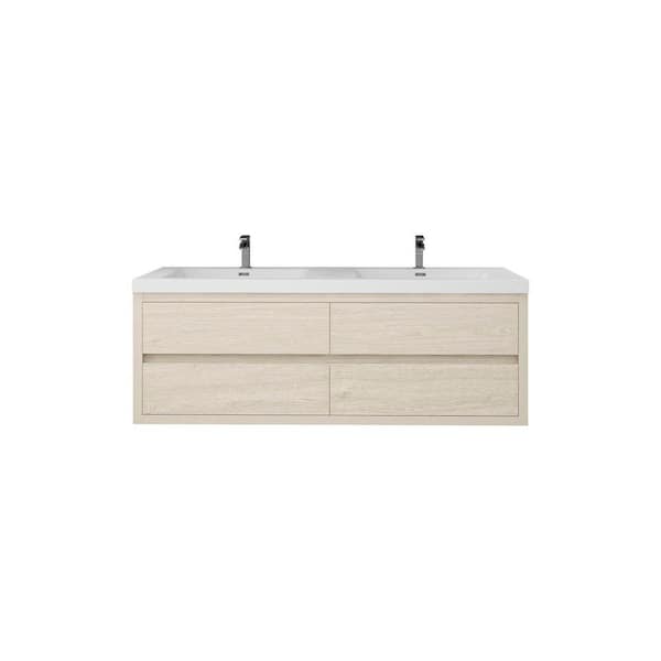 Louis 59 in. W x 20 in. D x 22 in. H Double Sink Floating Bath Vanity in Light Wood with White Acrylic Top