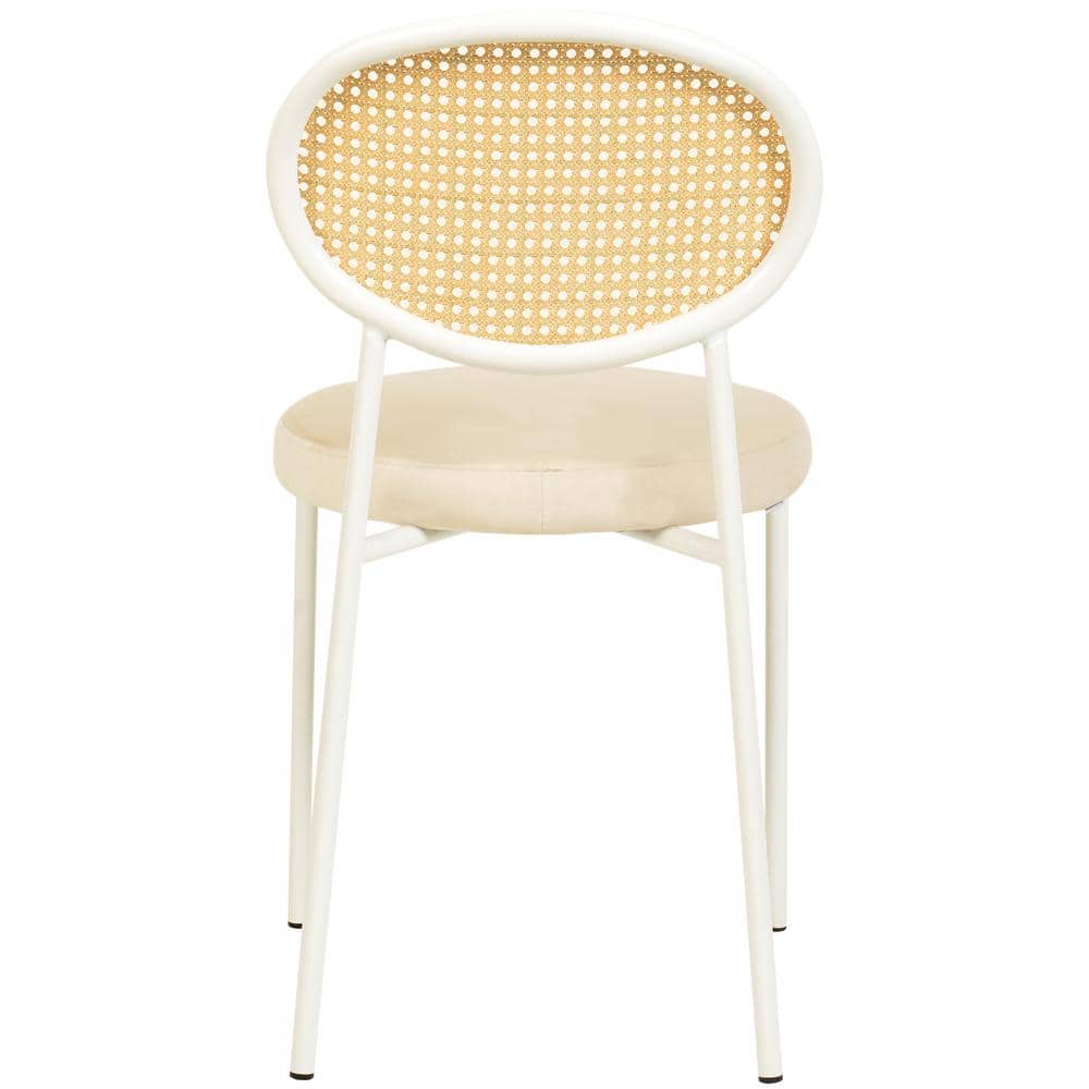 Beige Velvet Side Chair with Rattan Back and White Metal Frame