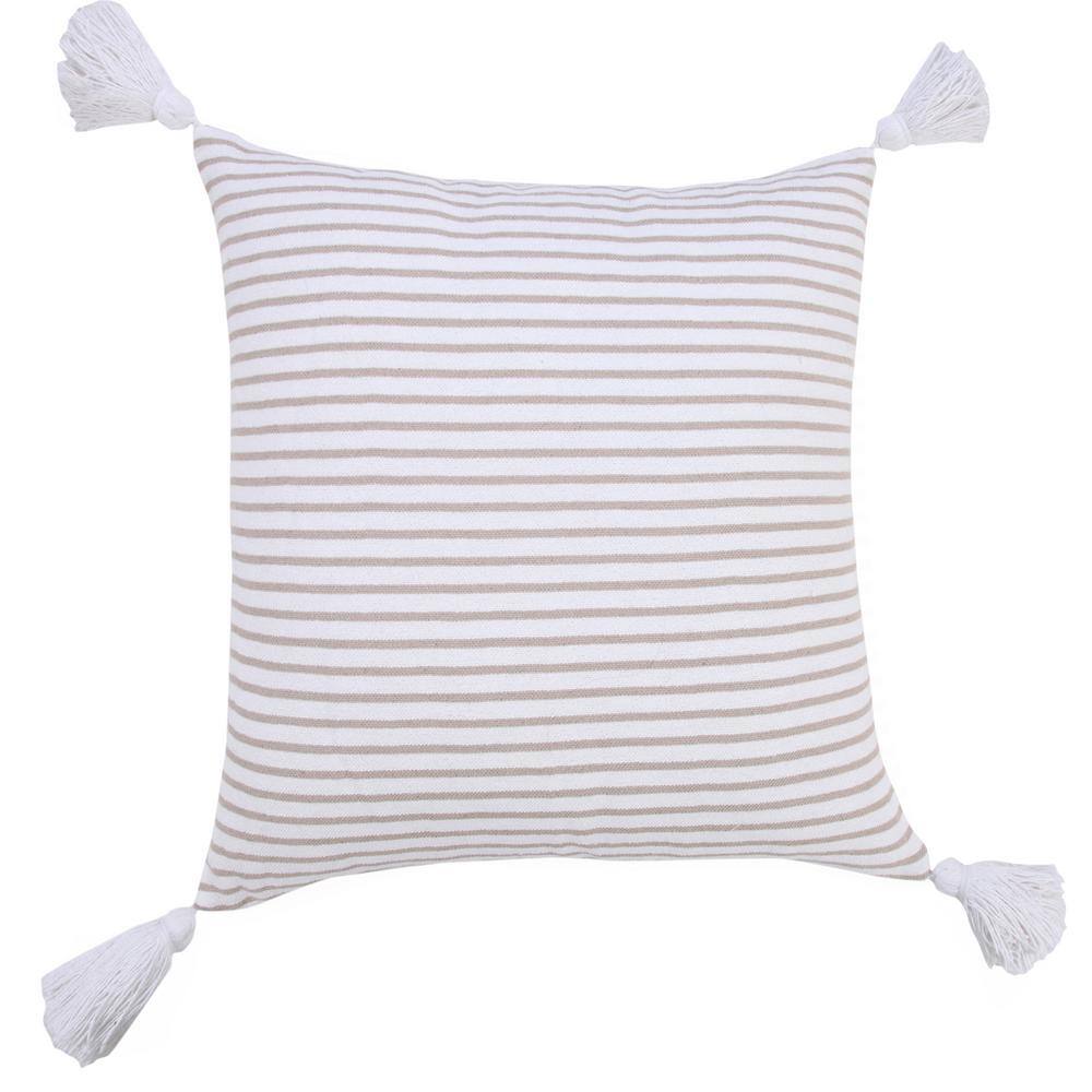 Beige and White Striped Cotton Throw Pillow with Tassels