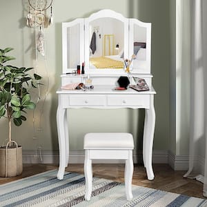 Modern White Vanity Makeup Dressing Table with Three Folding Mirror 31.5 in. x 16 in. x 54 in. (LxWxH)