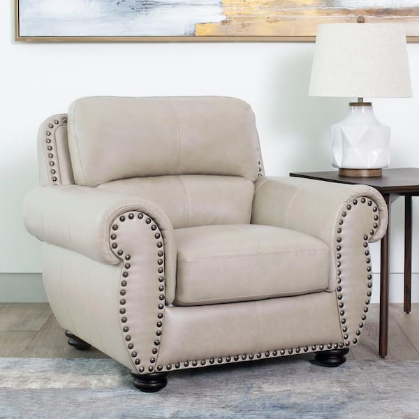 DEVON & CLAIRE Aura Ivory Leather Arm Chair with Nailhead Trim (Set of 1)