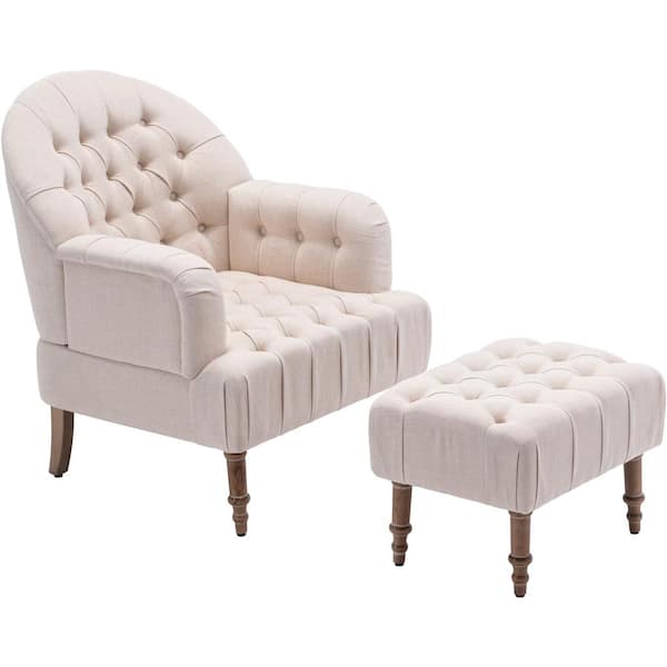 Unbranded Modern Beige Linen Accent Chair and Ottoman Sets with Button-Tufted Upholstered