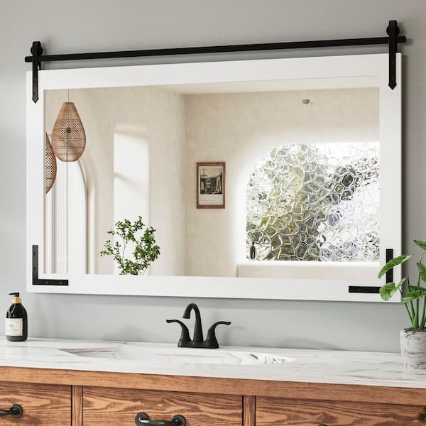 45 in. W x 30 in. H Rectangular Barn Door White Mirrors Wood Framed Mirror Farmhouse Bathroom Vanity Mirror