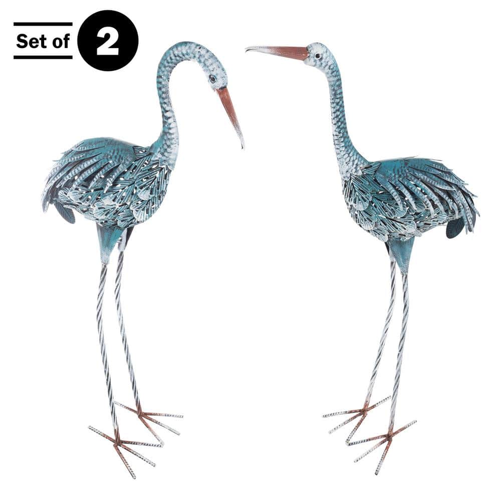 Hand-Painted Blue Metal Crane Garden Statues Set