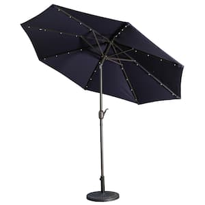 9 ft. Aluminum Market Patio Umbrella LED Solar Outdoor Umbrella in Navy Blue with Tilt and Crank