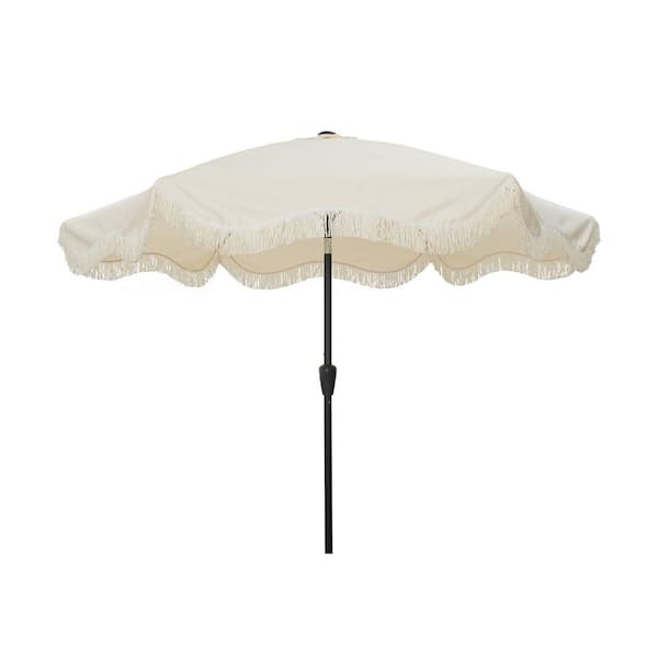 Clihome 9 ft. Boho Fringe Patio Umbrella in Milky White, 8-Rib Fiberglass Frame, Tilt and Crank Lift, Water-Resistant UV Canopy