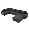 Harper & Bright Designs 128 in. Chenille Sectional Sofa in. Black with Oversized Ottoman, Hidden Armrest Storage, Cup Holders, Charging Ports GTT059AAB