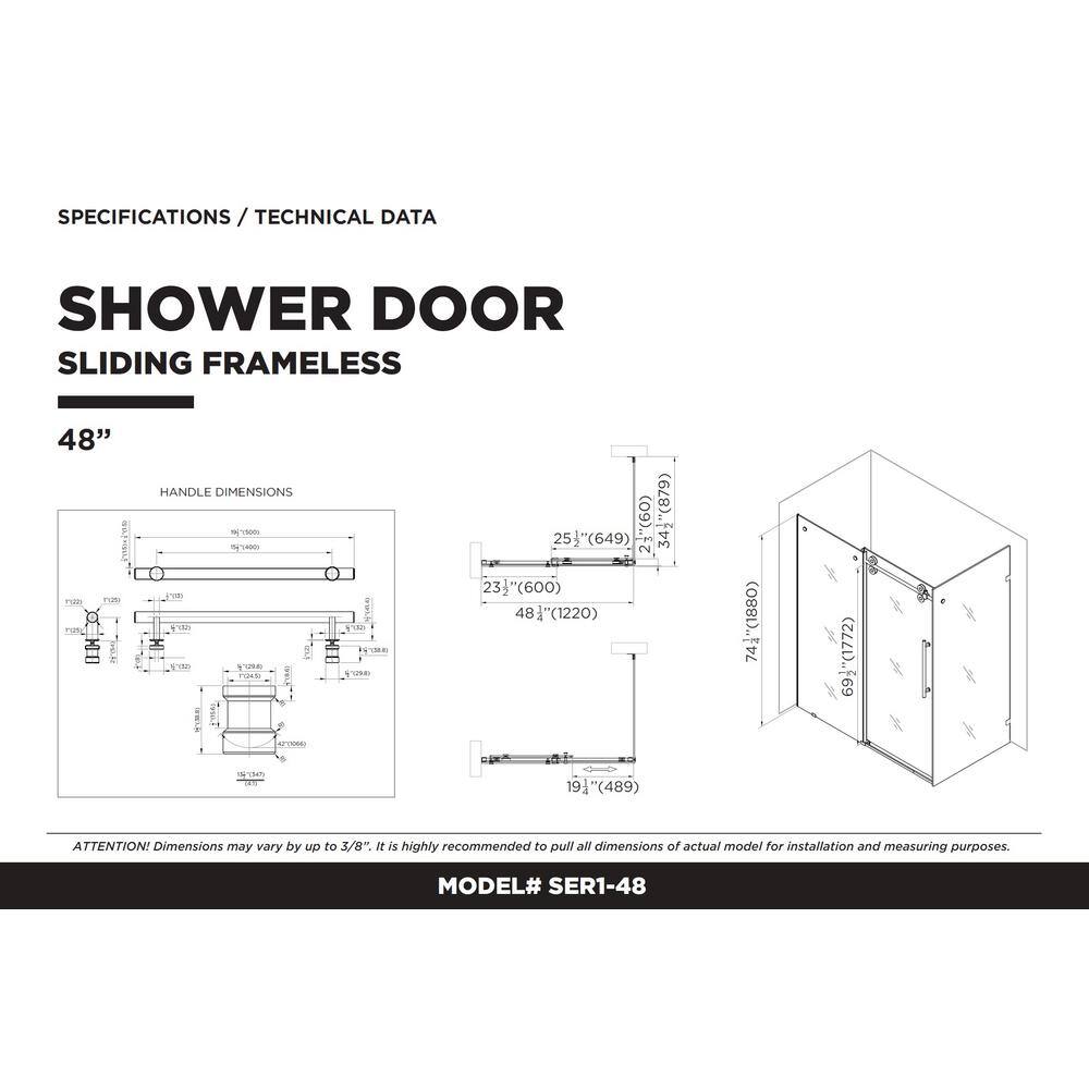 48.25'' Black Tempered Glass Sliding Frameless Shower Door