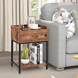 Rustic Brown Nightstand W/Charging Station Sofa Side Table Storage Cabinet Shelf End Table