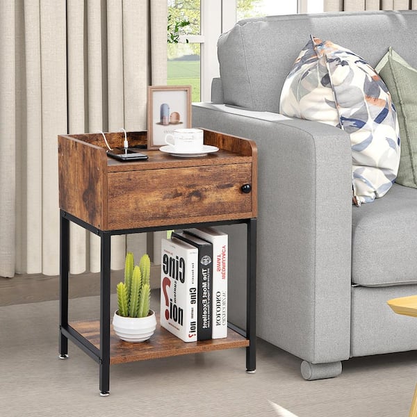 Costway Rustic Brown Nightstand W/Charging Station Sofa Side Table Storage Cabinet Shelf End Table