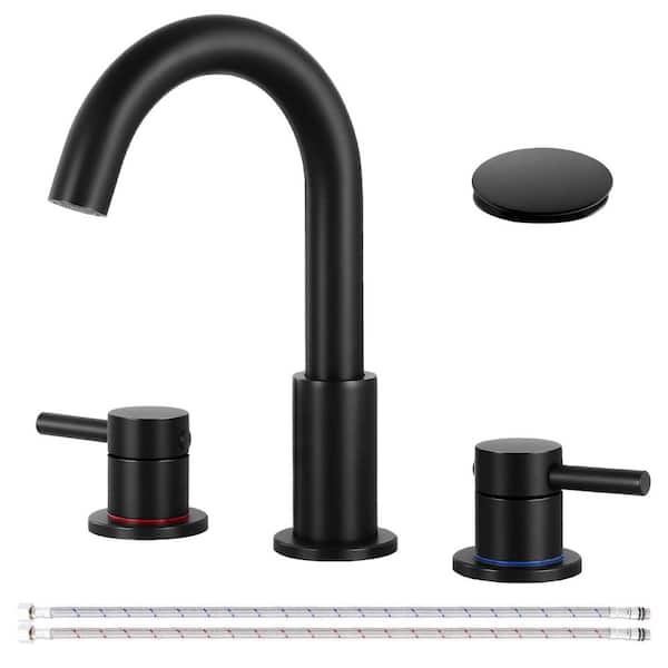 AKLFGN 8 in. Widespread Double Handle Bathroom Faucet 3-Hole Sink Faucet with Pop-Up Drain in Matte Black