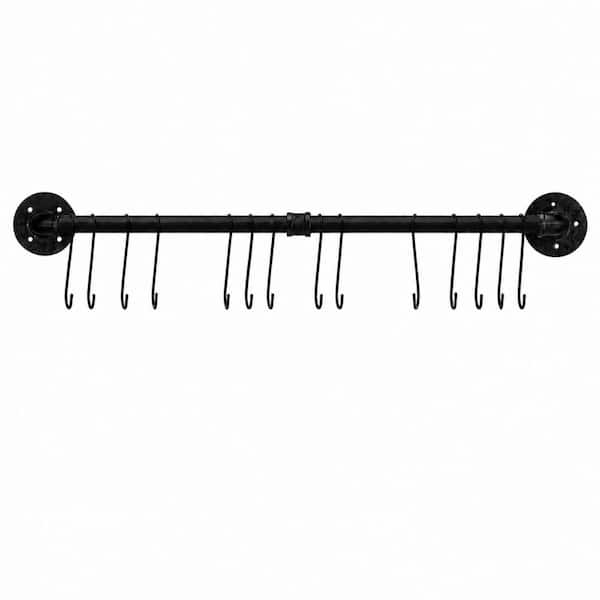 Black Wall Mounted Detachable Pot Rack with 14 Hooks, Heavy-Duty Iron Hanging Rail