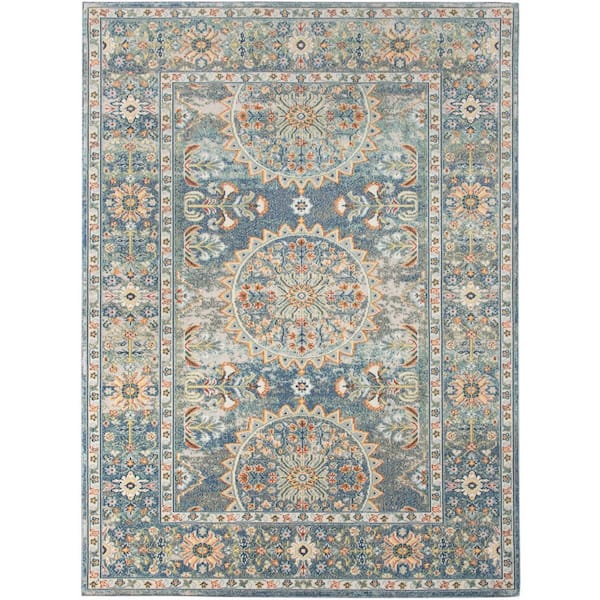 Bohemian 2x3 Area Rug Blue Polypropylene Rectangle Low Pile Bordered Pattern Rugs for Living Room Dining Room Bedroom