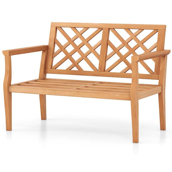ANGELES HOME 52 in. L 2-Person Natural Teak Wood Outdoor Bench, 800 lbs. Weight Capacity, Slatted Seat High Backrest