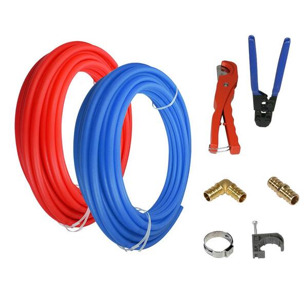 The Plumber's Choice 1/2 in. x 300 ft. PEX Tubing Plumbing Kit - Crimper and Cutter Tools Tubing Elbow Cinch Half Clamp - 1 Red 1 Blue