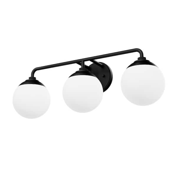 Hepburn 25 in. 3-Light Matte Black Vanity Light with Cased White Shades