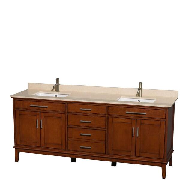 Wyndham Collection Hatton 80 in. Double Vanity in Light Chestnut with Marble Vanity Top in Ivory and Square Sinks