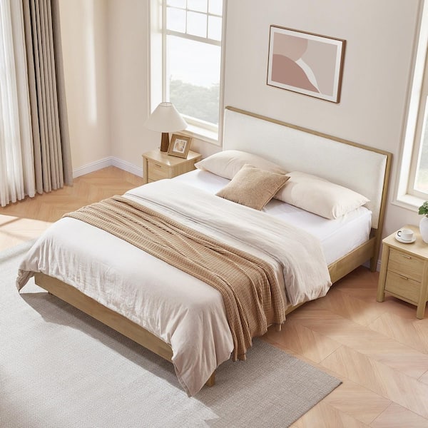 Dorian Beige Wood Frame Queen Upholstered Platform Bed Modern Bed Frame with Floating Design