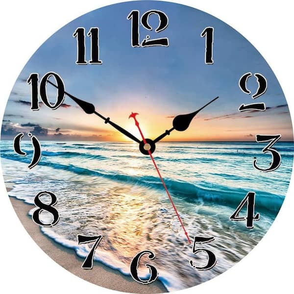 Afoxsos 14 in. Ocean Wave Wooden Silent Non-Ticking Quartz Battery-Operated Wall Clock for Living Room, Kitchen and Bedroom