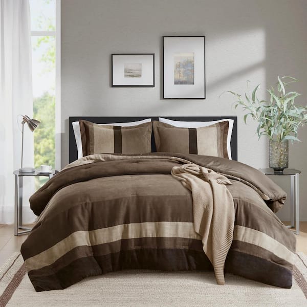 Boulder Stripe 3-Piece Brown Full/Queen Pieced Faux Suede Comforter Set