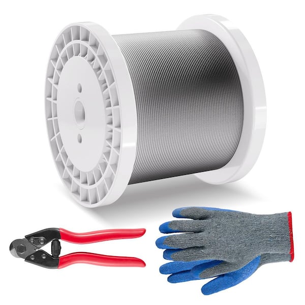 Wire Rope Kit, 1/8 in.x 1000 ft. Stainless Steel Wire Rope (By-the-Foot), 1600 lbs. Breaking Strength, Cutter and Gloves