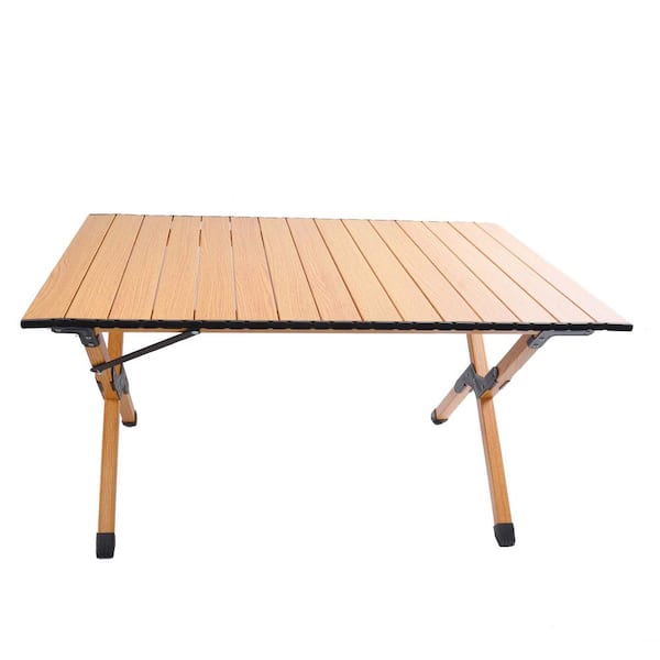 Zeus & Ruta 35.4 in. Portable Brown Rectangle Aluminum Alloy Outdoor Picnic Table with Folding X-Shape Leg