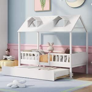 White Twin Size House Bed Wood Bed with Twin Size Trundle, Twin Bed Frame with Roof and Fence for Kids