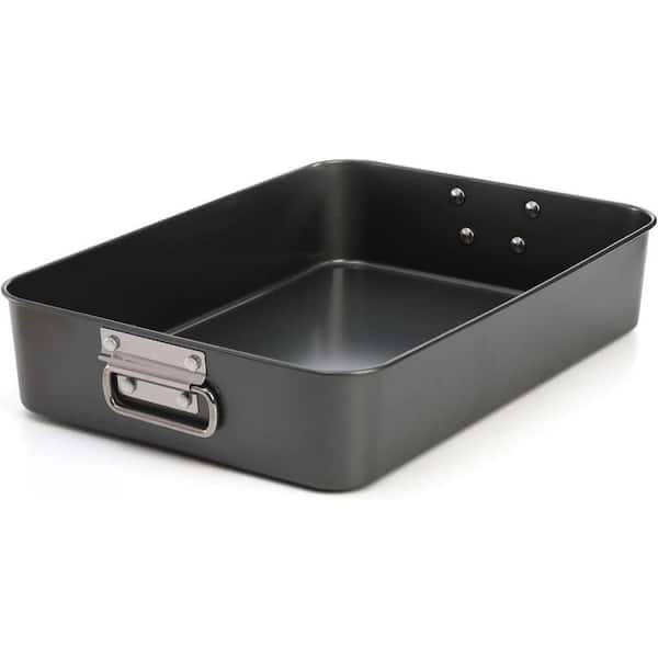 Deep Nonstick Carbon Steel Roasting Pan Gray Oven Safe with Handles Compatible with All Cooktops with Rack