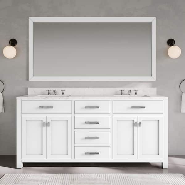 Water Creation Madison 72in.Wx21.5in.Dx34in.H Double Sink Bath Vanity in Pure White with Carrara White Marble Top, Faucets and Mirror
