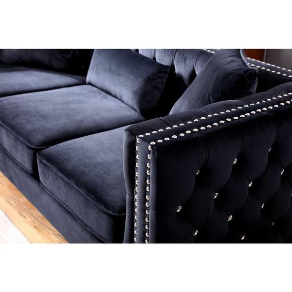 Black Tufted Velvet 3 Seater Sofa, Black Leather Sofa With Silver Studs