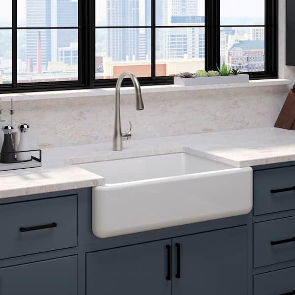 Whitehaven Undermount Cast Iron 33 in. Kitchen Sink in White with Faucet in Stainless Steel (2-Piece)