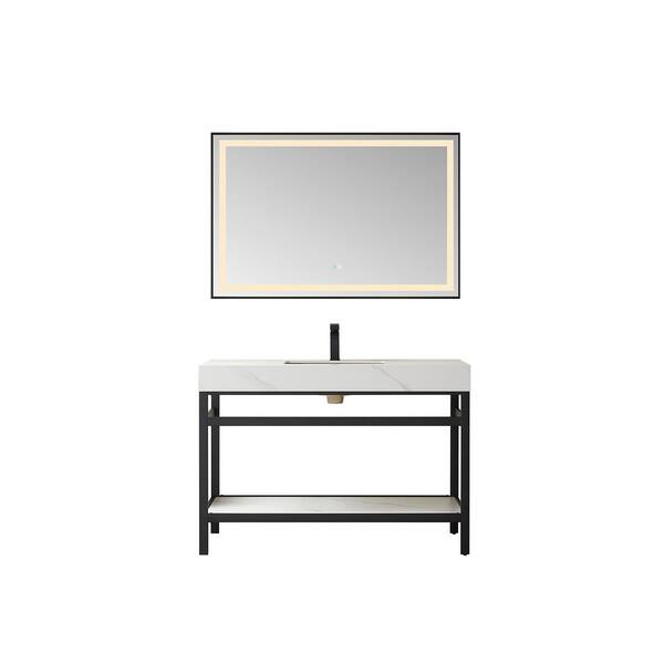 ROSWELL Funes 48 in. W x 22 in. D x 34 in. H Single Sink Bath Vanity in Matt Black with White Natural Stone Top and Mirror