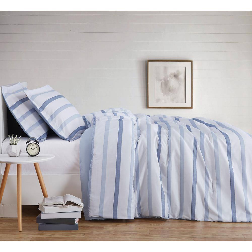 Twin XL Blue and White Waffle Stripe Duvet Cover Set
