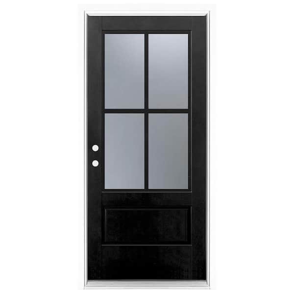36 in. x 80 in. 3/4 Lite Right-Hand Inswing 4 lite SDL Frosted Glass Finished Black Fiberglass Prehung Front Door