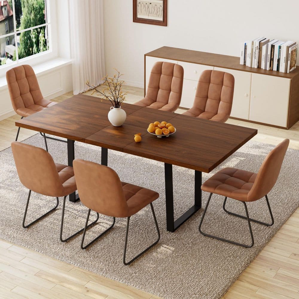 GOJANE 7-Piece Set of Brown Chairs and Walnut MDF Top Retractable