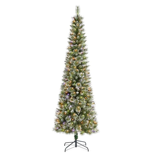 7.5ft Pre-Lit Frosted Cashmere Pencil Pine Artificial Christmas Tree with 250 Warm White/Multi-color C3 Clear LED Lights