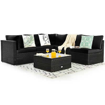 Patio Coffee 6-Piece Plastic Wicker Outdoor Sectional Set Cushioned in Black Cushion