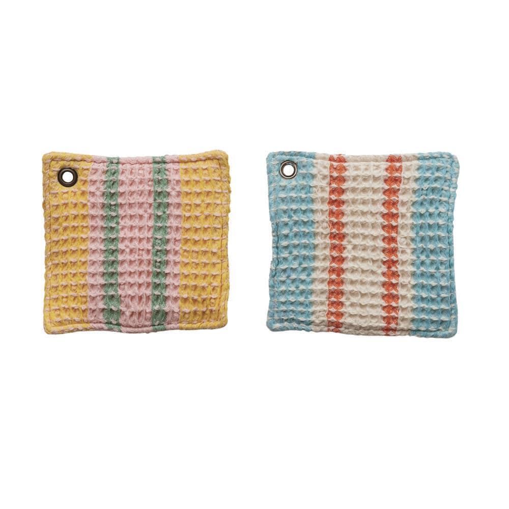 Multicolor Cotton Waffle Weave Pot Holder Set with Leather Loop