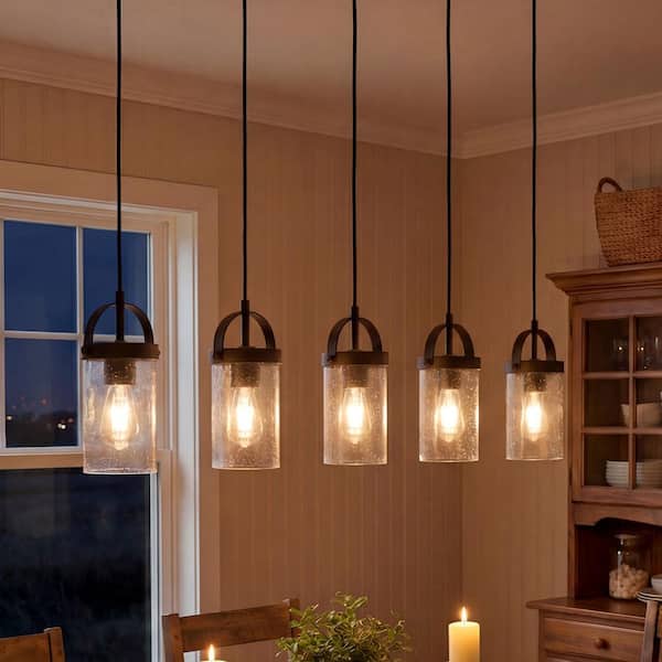 34.1 in. 5-Light Farmhouse Black Linear Island Pendant with Seeded Glass Shade for Kitchen Island, Dining Room