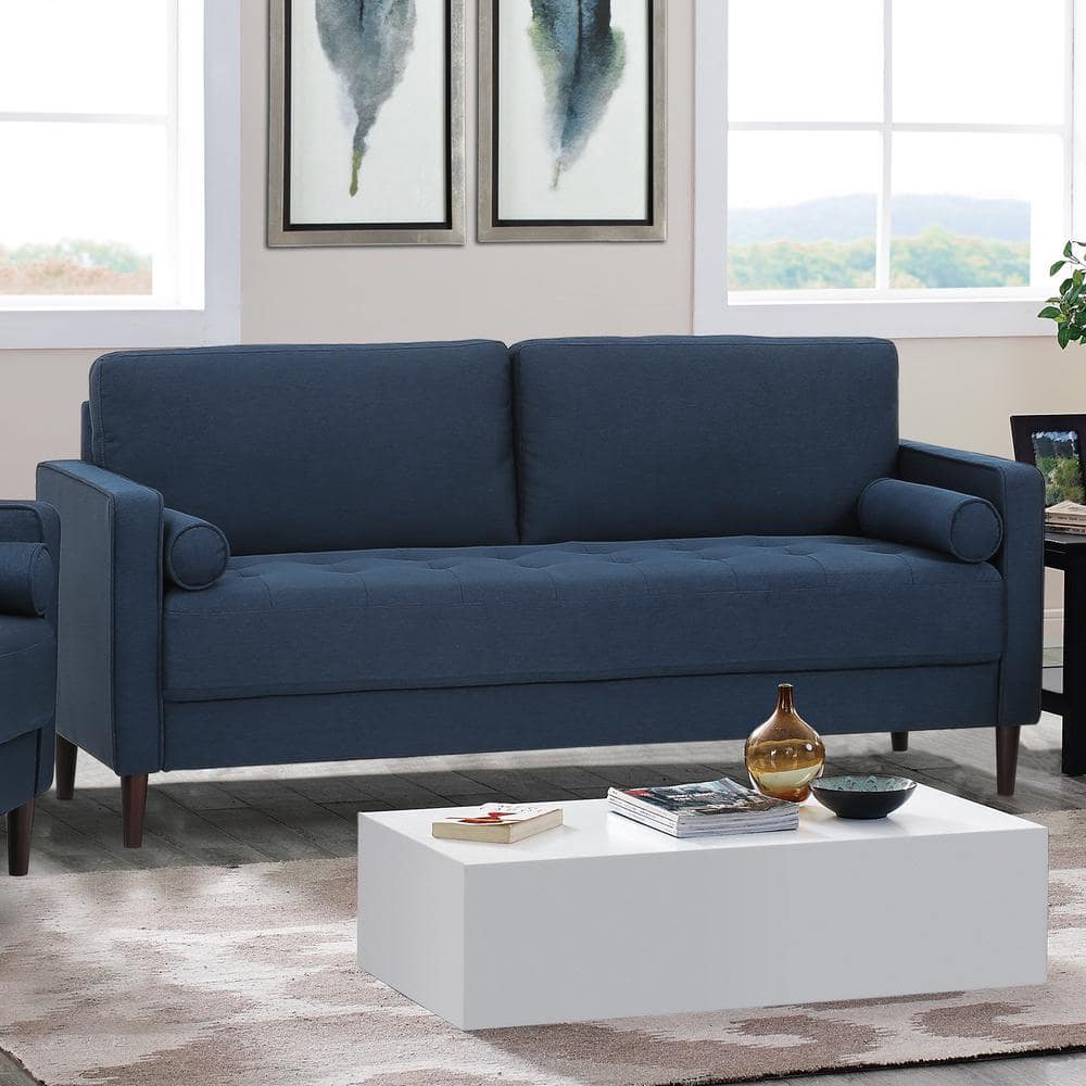 Mid-Century Modern Navy Blue Tufted Microfiber Sofa with Wood Legs