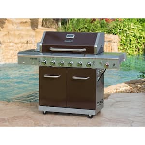 Deluxe 6-Burner Propane Gas Grill in Mocha with Ceramic Searing Side Burner