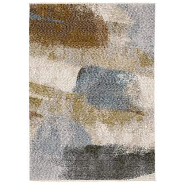 Haven Beige/Gold 10 ft. x 13 ft. Abstract Odyssey Polyester Fringed Indoor Area Rug