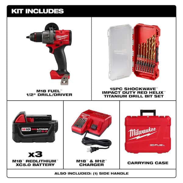 M18 FUEL 18V 1/2 in. Drill/Driver Kit w/ (3) 5. 0Ah Batteries, Hard Case with 15-Pc Titanium Set