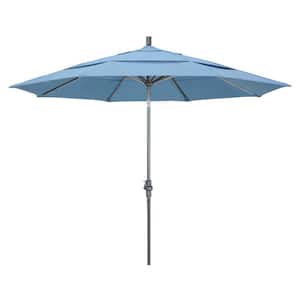 11 ft. Hammertone Grey Aluminum Market Patio Umbrella with Crank Lift in Air Blue Sunbrella