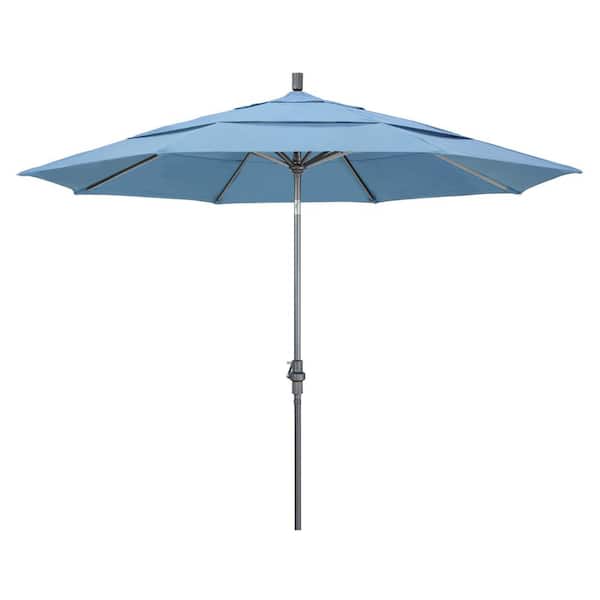 California Umbrella 11 ft. Hammertone Grey Aluminum Market Patio Umbrella with Crank Lift in Air Blue Sunbrella