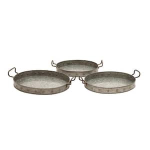 Gray Metal Galvanized Decorative Tray with Rust Handles (Set of 3)